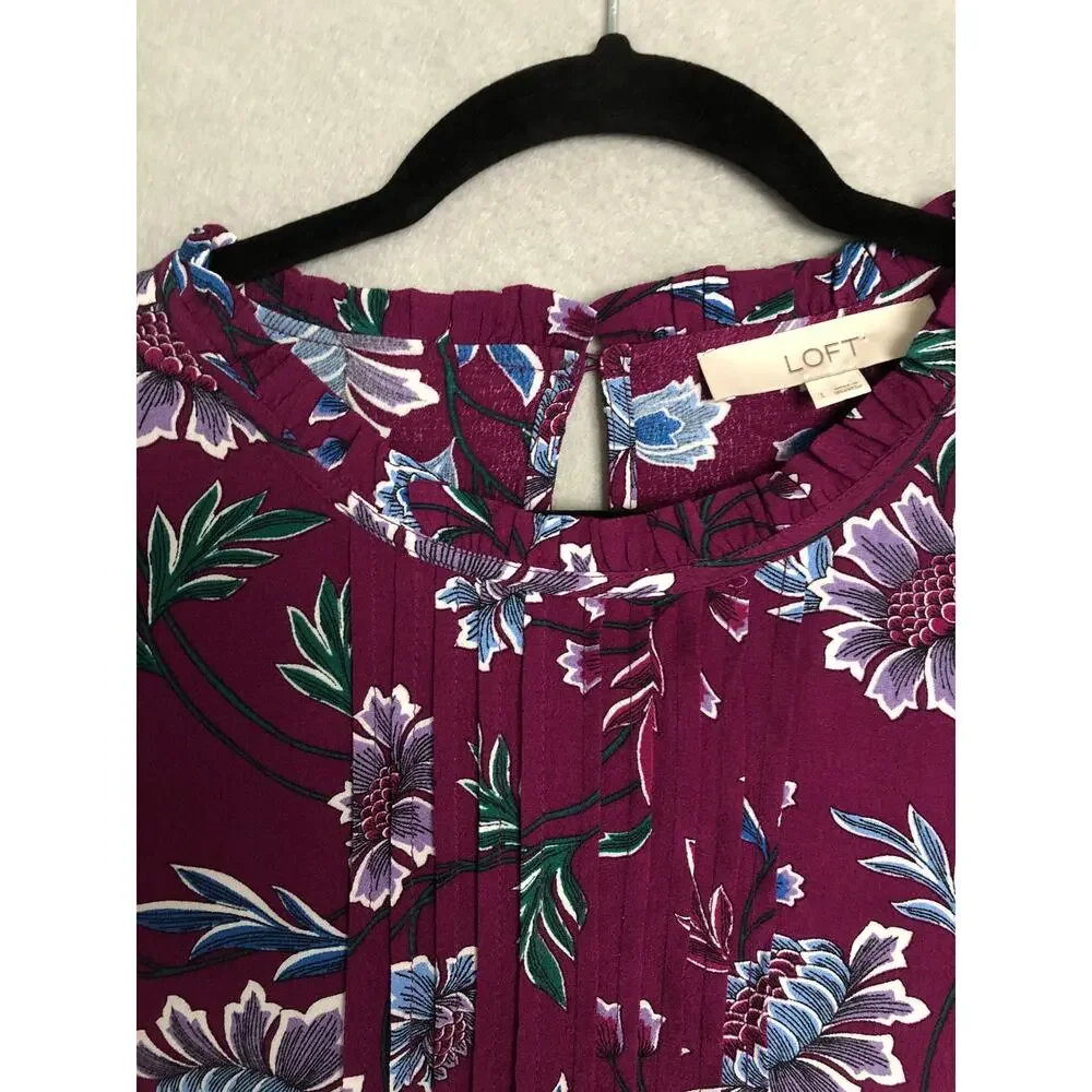 LOFT Pin Tuck Top Puff Sleeve Floral Purple Women's Large